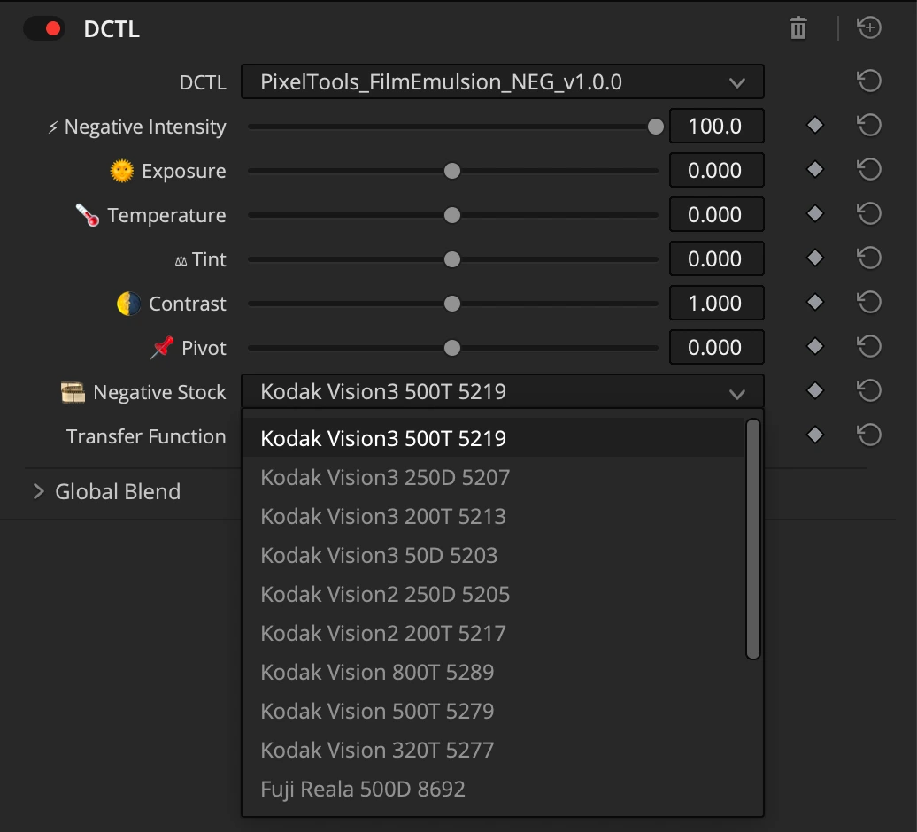 Film/Emulsion™ DCTL controls in DaVinci Resolve, negative stock list open